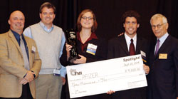 Left to right, Ed Kobelski and Brian Swierenga from Pfizer, Pfizer team members Nari TenKley and David Portner, and Joel Tauber, BBA '56, MBA '63, at Spotlight! 