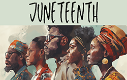 The faces of three black women and two black men in colorful shirts and hats, looking off to the left, with the word "Juneteenth" above the artwork