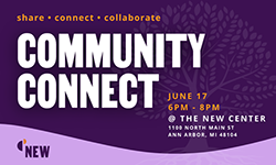 Community Connect June 17 from 6-8 pm at NEW, in front of a purple background